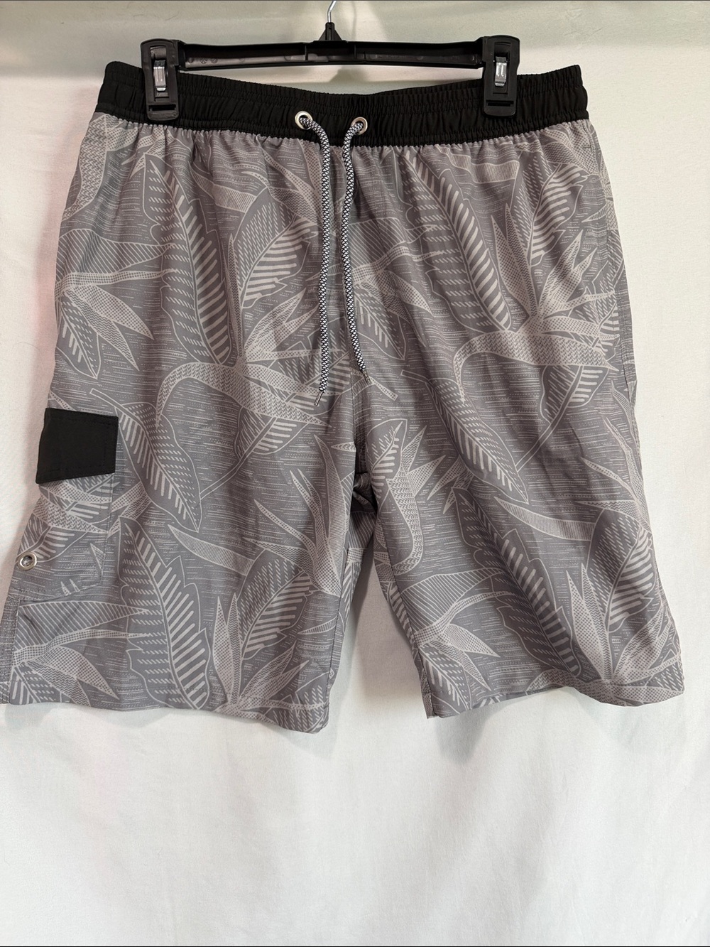 Men's Gray Leaf-Print Swim Board Shorts with Black Waistband